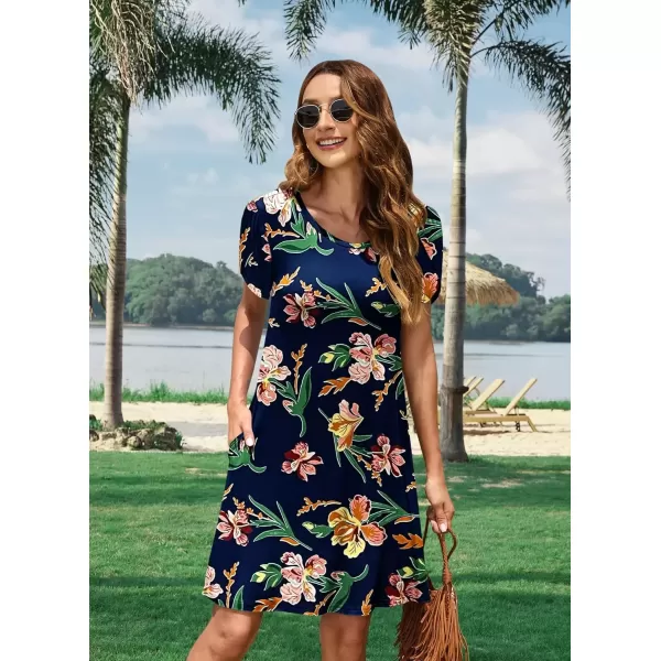 imageMOLERANI Summer Dresses for Women 2024 Casual T Shirt Crewneck Petal Sleeve Swing Vacation Dress with PocketsNavy Blue Pink Iris