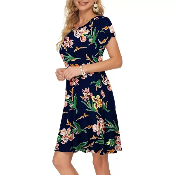 imageMOLERANI Summer Dresses for Women 2024 Casual T Shirt Crewneck Petal Sleeve Swing Vacation Dress with PocketsNavy Blue Pink Iris