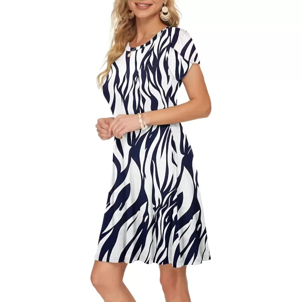 imageMOLERANI Summer Dresses for Women 2024 Casual T Shirt Crewneck Petal Sleeve Swing Vacation Dress with PocketsPrint Navy White