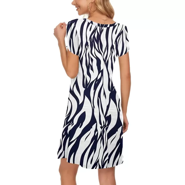 imageMOLERANI Summer Dresses for Women 2024 Casual T Shirt Crewneck Petal Sleeve Swing Vacation Dress with PocketsPrint Navy White