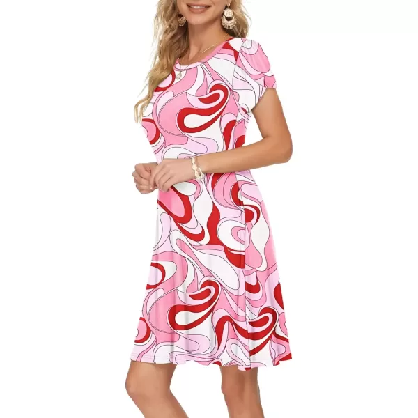 imageMOLERANI Summer Dresses for Women 2024 Casual T Shirt Crewneck Petal Sleeve Swing Vacation Dress with PocketsPrint Pink