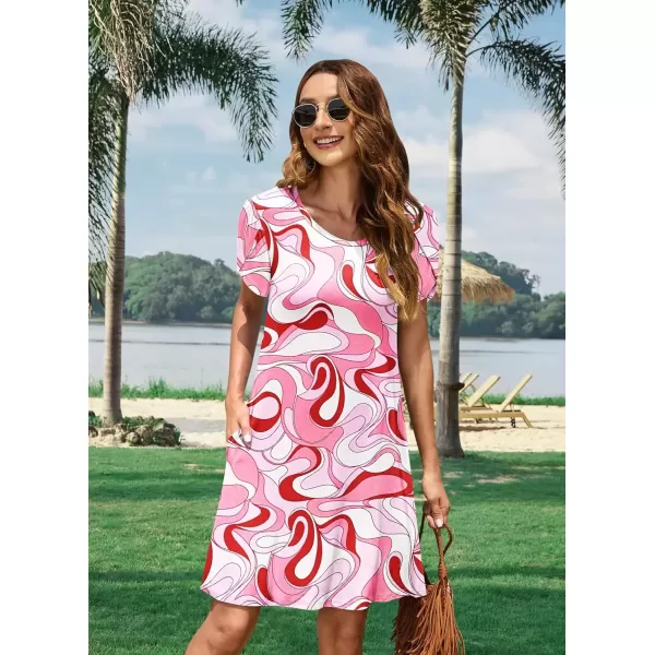 imageMOLERANI Summer Dresses for Women 2024 Casual T Shirt Crewneck Petal Sleeve Swing Vacation Dress with PocketsPrint Pink