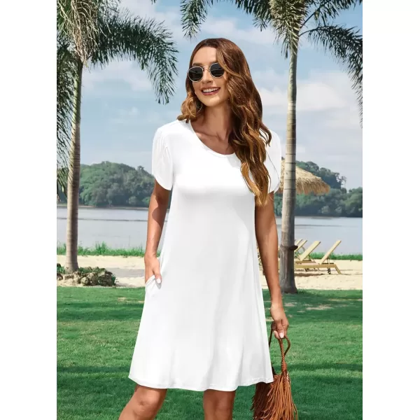 imageMOLERANI Summer Dresses for Women 2024 Casual T Shirt Crewneck Petal Sleeve Swing Vacation Dress with PocketsWhite