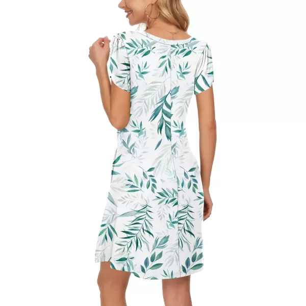 imageMOLERANI Summer Dresses for Women 2024 Casual T Shirt Crewneck Petal Sleeve Swing Vacation Dress with PocketsWhite Green Leaf