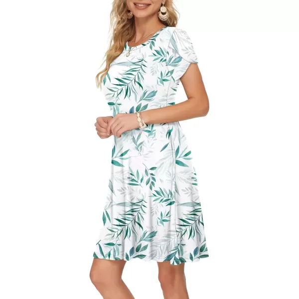 imageMOLERANI Summer Dresses for Women 2024 Casual T Shirt Crewneck Petal Sleeve Swing Vacation Dress with PocketsWhite Green Leaf