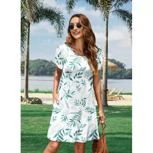 imageMOLERANI Summer Dresses for Women 2024 Casual T Shirt Crewneck Petal Sleeve Swing Vacation Dress with PocketsWhite Green Leaf