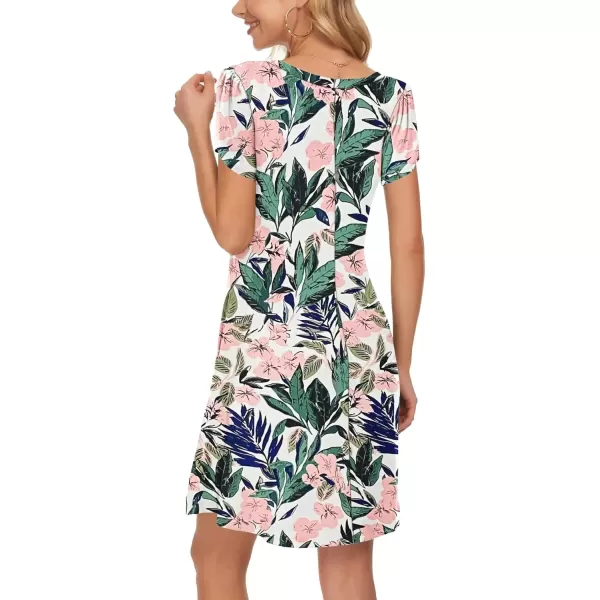 imageMOLERANI Summer Dresses for Women 2024 Casual T Shirt Crewneck Petal Sleeve Swing Vacation Dress with PocketsWhite Pink Flowers