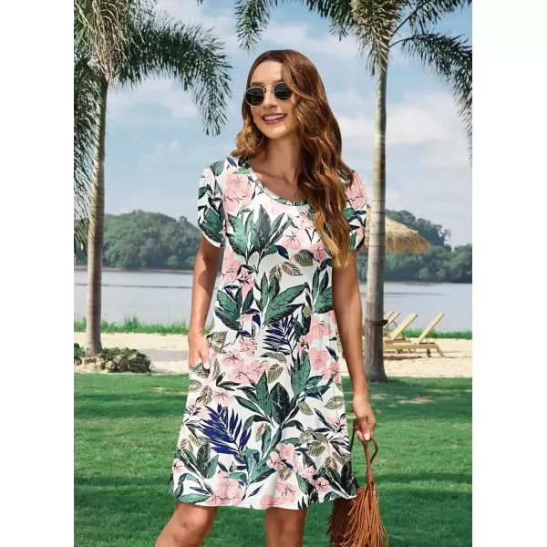 imageMOLERANI Summer Dresses for Women 2024 Casual T Shirt Crewneck Petal Sleeve Swing Vacation Dress with PocketsWhite Pink Flowers