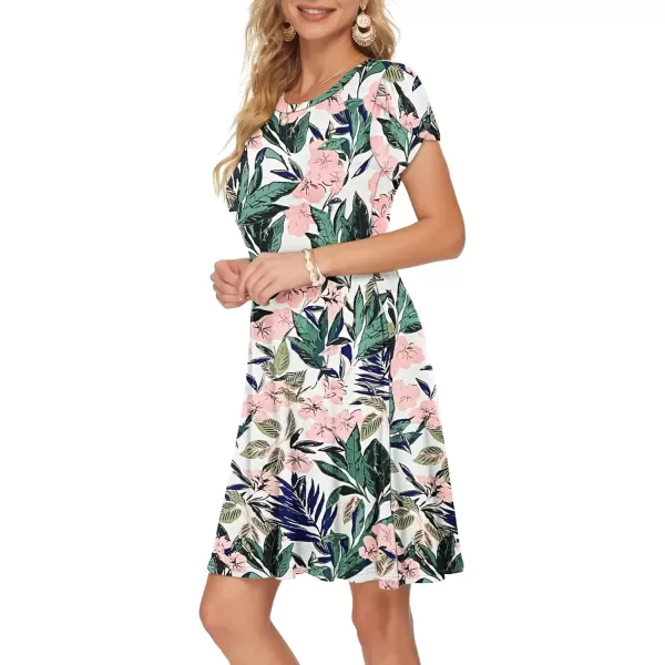 imageMOLERANI Summer Dresses for Women 2024 Casual T Shirt Crewneck Petal Sleeve Swing Vacation Dress with PocketsWhite Pink Flowers
