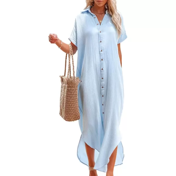 imagechouyatou Summer Short Sleeve Loose Flowy Maxi Beach Button Down Kimono Shirt Dress Swim Cover Up for WomenLight Blue