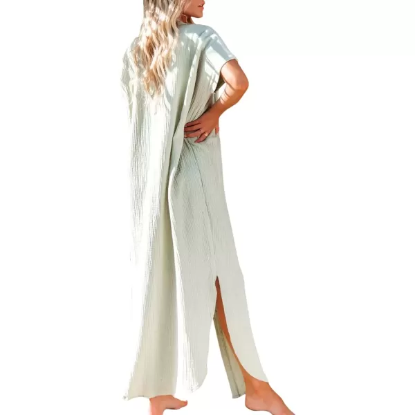 imagechouyatou Summer Short Sleeve Loose Flowy Maxi Beach Button Down Kimono Shirt Dress Swim Cover Up for WomenLight Green