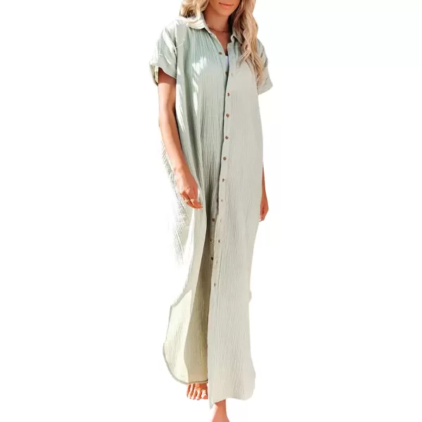 imagechouyatou Summer Short Sleeve Loose Flowy Maxi Beach Button Down Kimono Shirt Dress Swim Cover Up for WomenLight Green