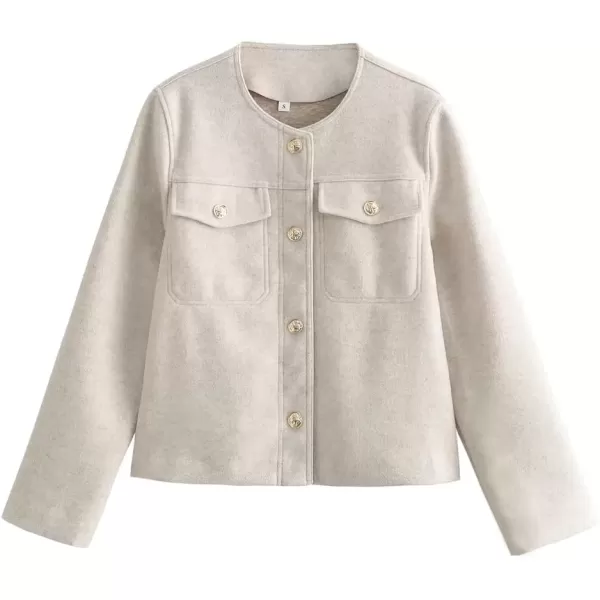 imagechouyatou Women Fall Business Casual Button Down Blazer Jacket Crew Neck Open Front Dressy Suit Short CoatApricot