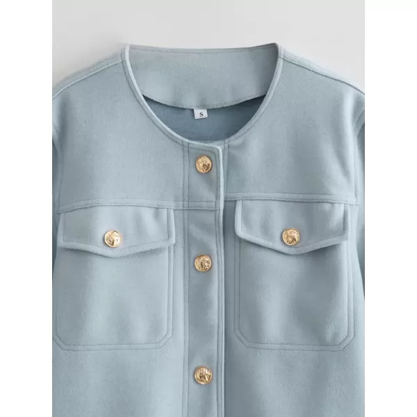 imagechouyatou Women Fall Business Casual Button Down Blazer Jacket Crew Neck Open Front Dressy Suit Short CoatBlue