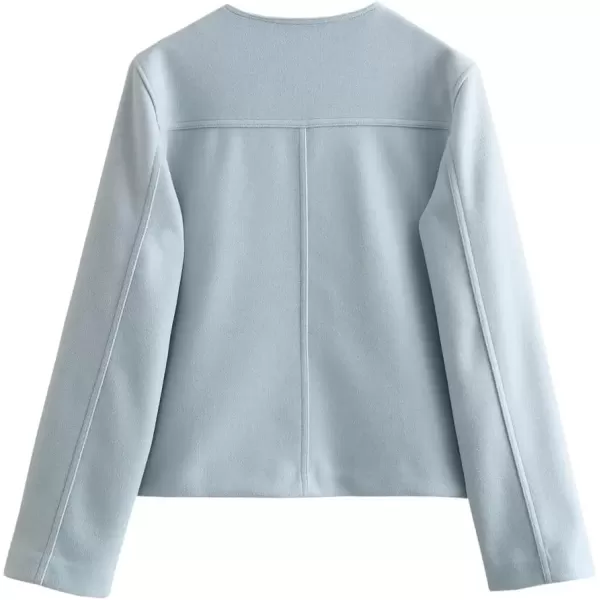 imagechouyatou Women Fall Business Casual Button Down Blazer Jacket Crew Neck Open Front Dressy Suit Short CoatBlue