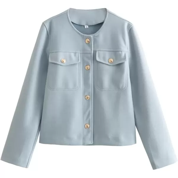 imagechouyatou Women Fall Business Casual Button Down Blazer Jacket Crew Neck Open Front Dressy Suit Short CoatBlue