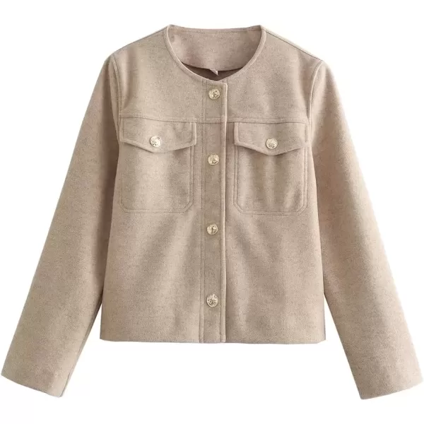 imagechouyatou Women Fall Business Casual Button Down Blazer Jacket Crew Neck Open Front Dressy Suit Short CoatKhaki