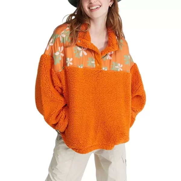 imagechouyatou Women Fall Fuzzy Pullover Fleece Jacket Sweatshirt Casual Floral Winter Sherpa Jacket with PocketOrange