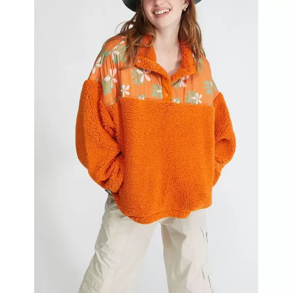 imagechouyatou Women Fall Fuzzy Pullover Fleece Jacket Sweatshirt Casual Floral Winter Sherpa Jacket with PocketOrange