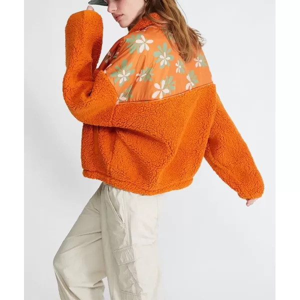 imagechouyatou Women Fall Fuzzy Pullover Fleece Jacket Sweatshirt Casual Floral Winter Sherpa Jacket with PocketOrange
