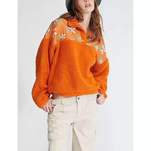 imagechouyatou Women Fall Fuzzy Pullover Fleece Jacket Sweatshirt Casual Floral Winter Sherpa Jacket with PocketOrange