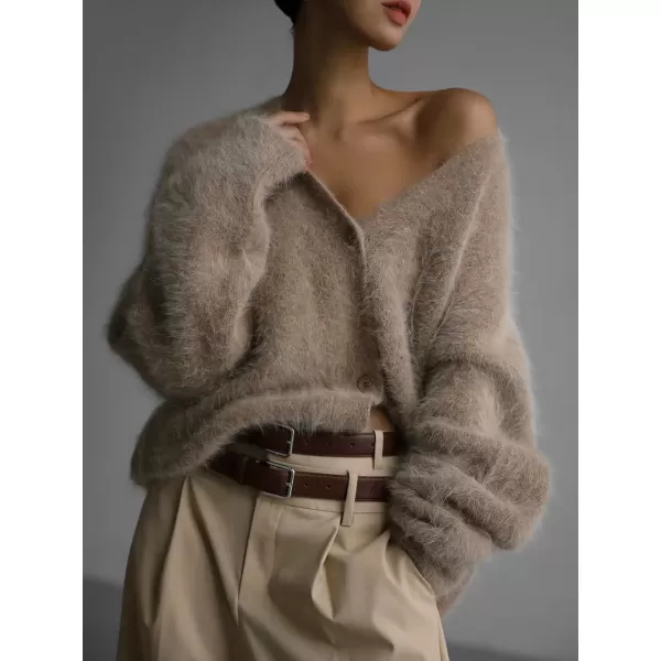 imagechouyatou Women Furry Open Front Cardigan VNeck Loose Casual Fluffy Knit Button Down Sweater CoatBrown