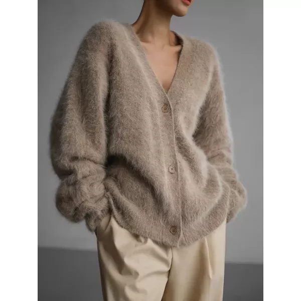 imagechouyatou Women Furry Open Front Cardigan VNeck Loose Casual Fluffy Knit Button Down Sweater CoatBrown