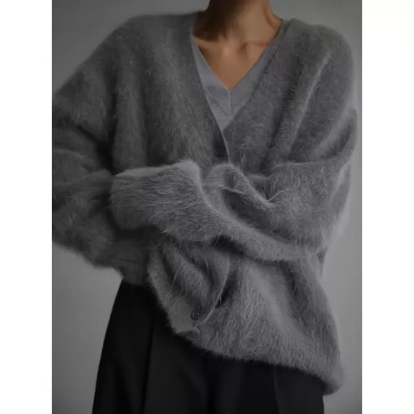 imagechouyatou Women Furry Open Front Cardigan VNeck Loose Casual Fluffy Knit Button Down Sweater CoatDark Grey