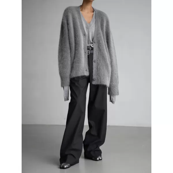 imagechouyatou Women Furry Open Front Cardigan VNeck Loose Casual Fluffy Knit Button Down Sweater CoatDark Grey