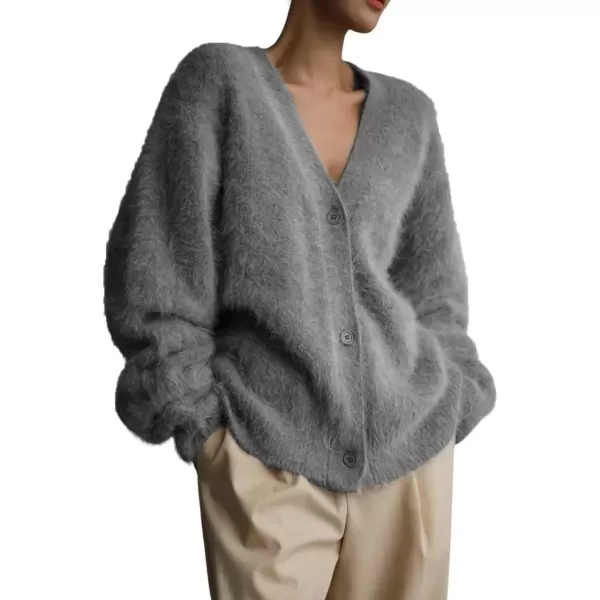 imagechouyatou Women Furry Open Front Cardigan VNeck Loose Casual Fluffy Knit Button Down Sweater CoatDark Grey
