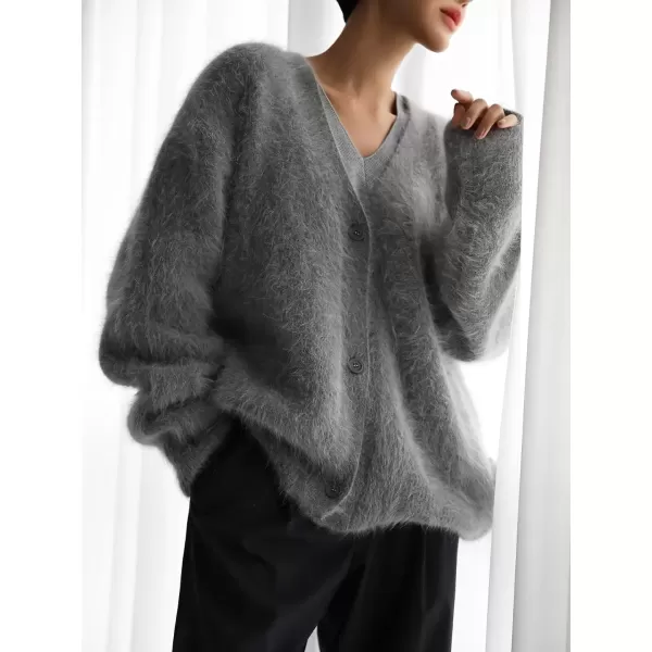 imagechouyatou Women Furry Open Front Cardigan VNeck Loose Casual Fluffy Knit Button Down Sweater CoatDark Grey