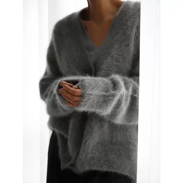 imagechouyatou Women Furry Open Front Cardigan VNeck Loose Casual Fluffy Knit Button Down Sweater CoatDark Grey
