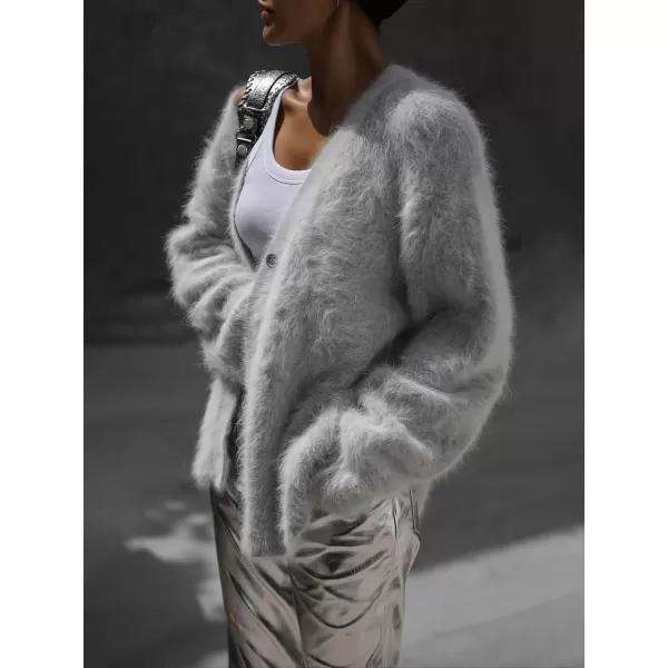 imagechouyatou Women Furry Open Front Cardigan VNeck Loose Casual Fluffy Knit Button Down Sweater CoatLight Grey