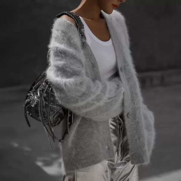 imagechouyatou Women Furry Open Front Cardigan VNeck Loose Casual Fluffy Knit Button Down Sweater CoatLight Grey