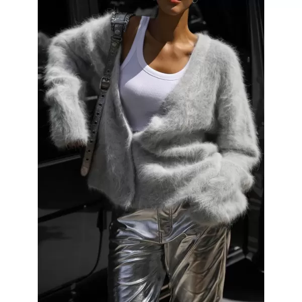imagechouyatou Women Furry Open Front Cardigan VNeck Loose Casual Fluffy Knit Button Down Sweater CoatLight Grey