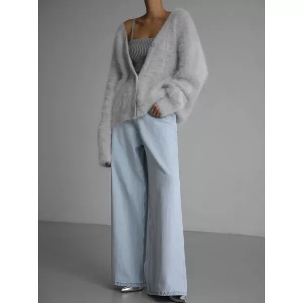 imagechouyatou Women Furry Open Front Cardigan VNeck Loose Casual Fluffy Knit Button Down Sweater CoatLight Grey