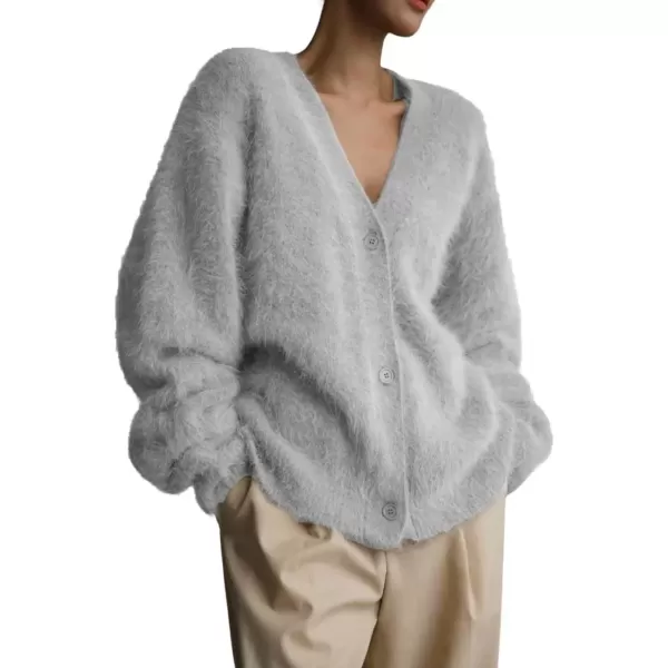 imagechouyatou Women Furry Open Front Cardigan VNeck Loose Casual Fluffy Knit Button Down Sweater CoatLight Grey