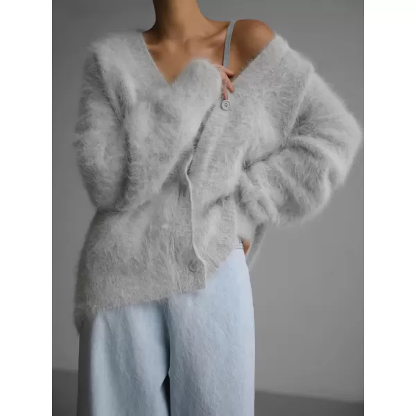 imagechouyatou Women Furry Open Front Cardigan VNeck Loose Casual Fluffy Knit Button Down Sweater CoatLight Grey