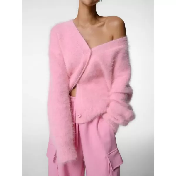 imagechouyatou Women Furry Open Front Cardigan VNeck Loose Casual Fluffy Knit Button Down Sweater CoatPink