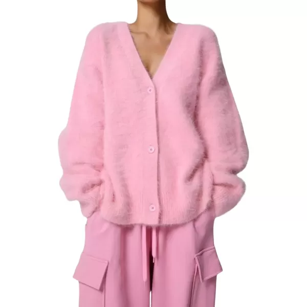 imagechouyatou Women Furry Open Front Cardigan VNeck Loose Casual Fluffy Knit Button Down Sweater CoatPink