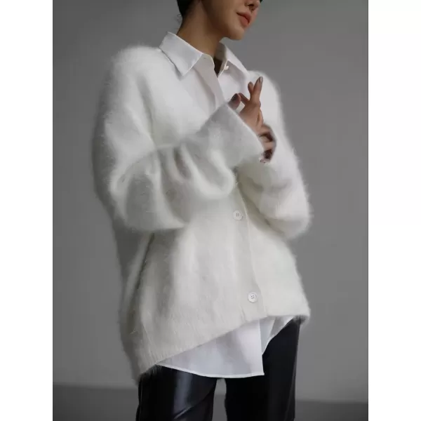 imagechouyatou Women Furry Open Front Cardigan VNeck Loose Casual Fluffy Knit Button Down Sweater CoatWhite