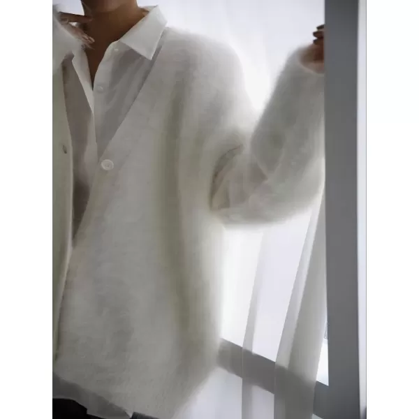 imagechouyatou Women Furry Open Front Cardigan VNeck Loose Casual Fluffy Knit Button Down Sweater CoatWhite