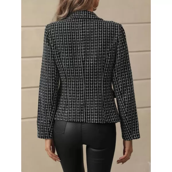 imagechouyatou Women Plaid Tweed Blazer Jacket Notch Lapel Open Front Dressy Business Casual Tweed Blazer SuitBlack