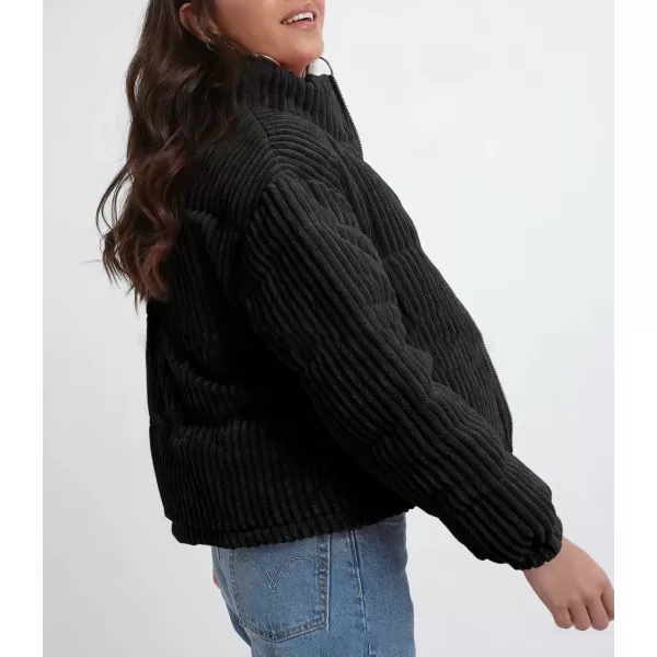 imagechouyatou Women Winter Warm Corduroy Puffer Jacket Quilted Down Zip Up Stand Collar Cropped Short CoatsBlack