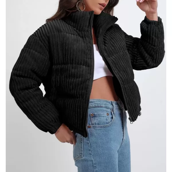 imagechouyatou Women Winter Warm Corduroy Puffer Jacket Quilted Down Zip Up Stand Collar Cropped Short CoatsBlack