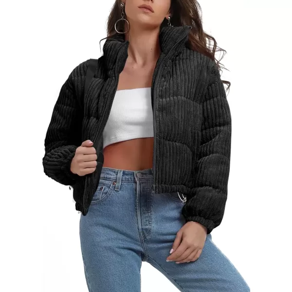 imagechouyatou Women Winter Warm Corduroy Puffer Jacket Quilted Down Zip Up Stand Collar Cropped Short CoatsBlack