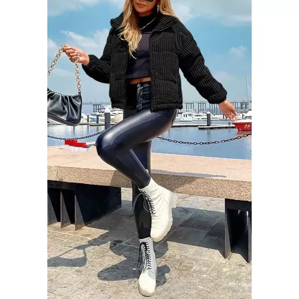 imagechouyatou Women Winter Warm Corduroy Puffer Jacket Quilted Down Zip Up Stand Collar Cropped Short CoatsBlack