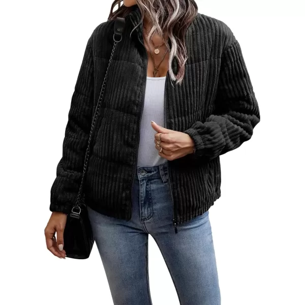 imagechouyatou Women Winter Warm Corduroy Puffer Jacket Quilted Down Zip Up Stand Collar Cropped Short CoatsBlack