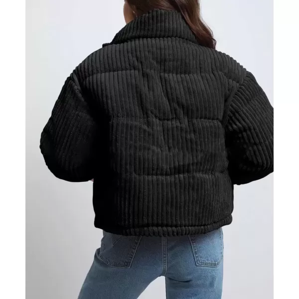 imagechouyatou Women Winter Warm Corduroy Puffer Jacket Quilted Down Zip Up Stand Collar Cropped Short CoatsBlack