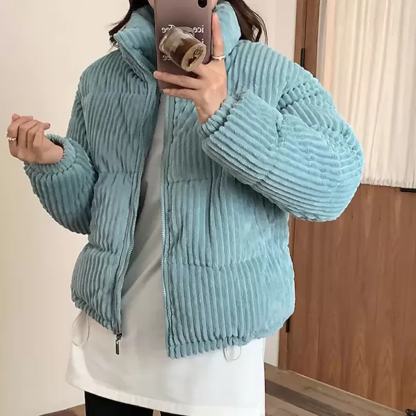 imagechouyatou Women Winter Warm Corduroy Puffer Jacket Quilted Down Zip Up Stand Collar Cropped Short CoatsBlue